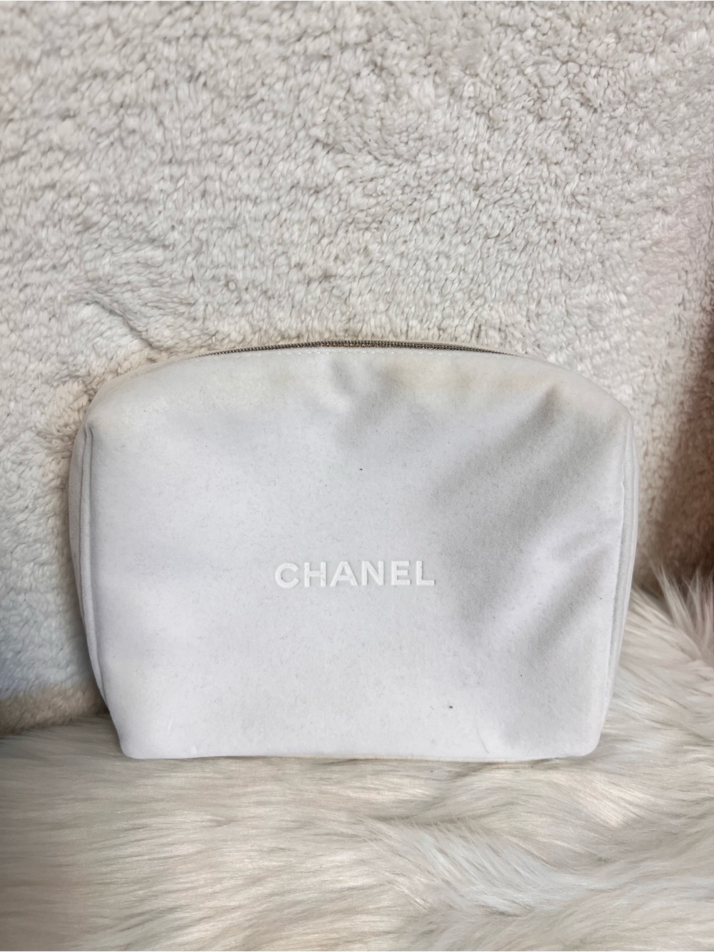 CHANEL White Embossed Logo Makeup Pouch
